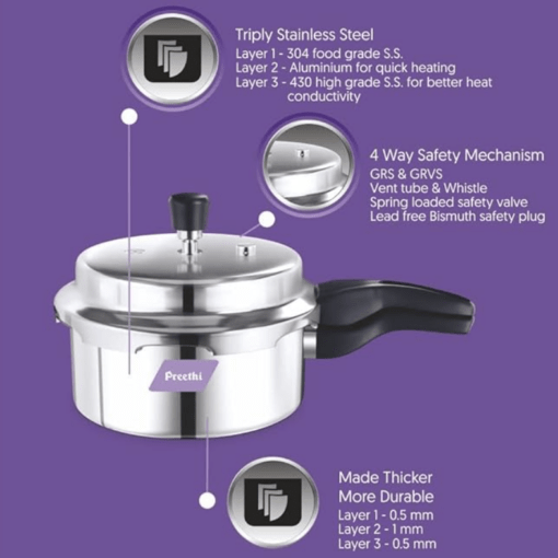 Preethi Triply Outer Lid Pressure Pan Induction Base, 1.5 Litres - Image 2
